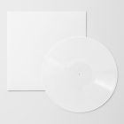 Viewed from above, Vinyl Mockups presents a white square music album cover and a white ejected vinyl disc lying on a white background.