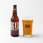 Front view of a standing beer bottle mockup with a white and green typography design, transparent beer glass mockup with black logo standing on the white floor.