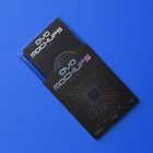 Viewed from above, DVD Mockups presents a black paper box with an ejected plastic DVD package, with white and holographic typography and linear graphics lying on the blue background.