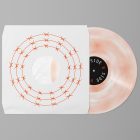 Viewed from above, Vinyl Mockups presents a vinyl disc package in a white color with a metal fence graphic and an ejected vinyl disc with pressed graphics in two colors lying on a gray background.