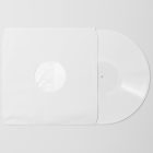 Viewed from above, Vinyl Mockups presents a white vinyl disc package and a white ejected vinyl disc lying on a white background.