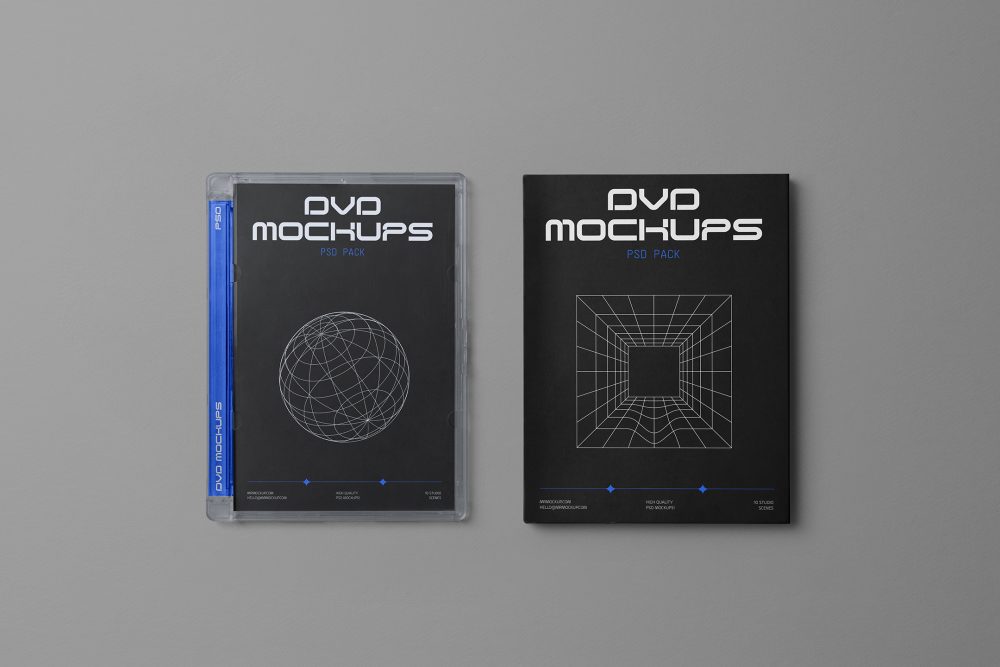 Viewed from above, DVD Mockups presents a black paper box lying next to a transparent plastic DVD package. Both have nice white typography and linear graphics lying on the gray background.