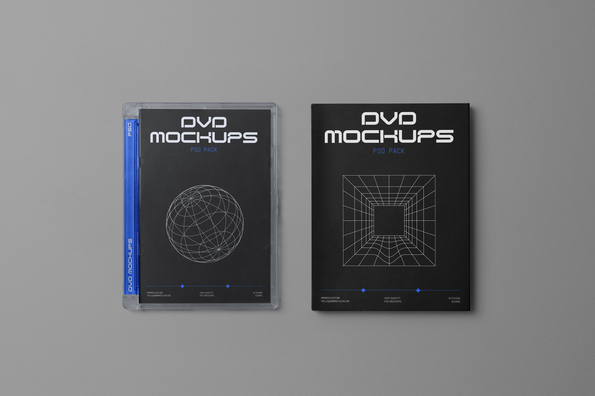 Viewed from above, DVD Mockups presents a black paper box lying next to a transparent plastic DVD package. Both have nice white typography and linear graphics lying on the gray background.