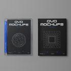 Viewed from above, DVD Mockups presents a black paper box lying next to a transparent plastic DVD package. Both have nice white typography and linear graphics lying on the gray background.