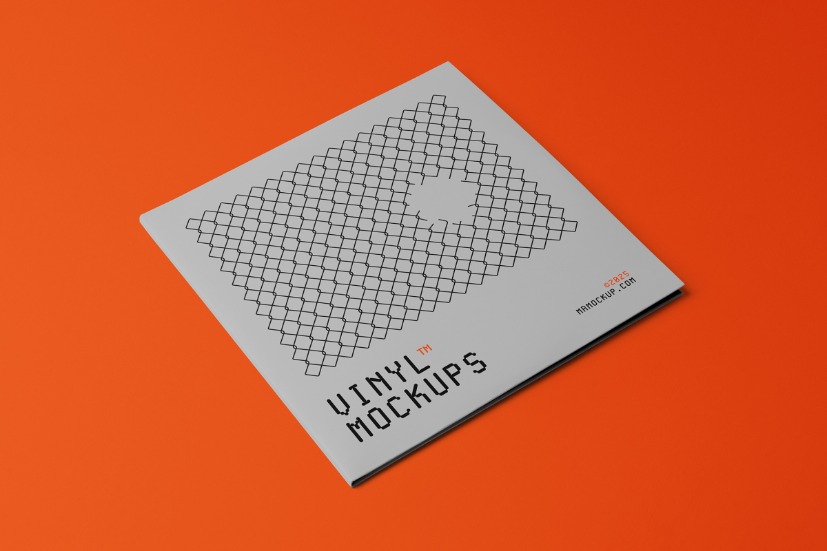 Viewed from above, Vinyl Mockups presents a square music album cover in a gray color with a metal fence graphic lying on an orange background.