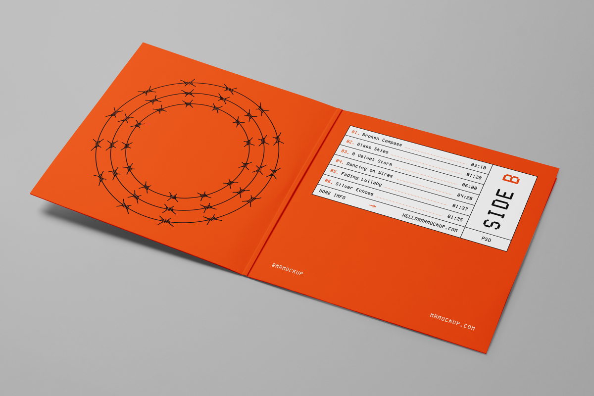 Viewed from above, Vinyl Mockups presents an open music album cover in an orange color with a metal fence graphic and white label with black frames lying on a gray background.