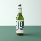 Front view, beer bottle mockups with white label and black and dark green design standing on the green floor.