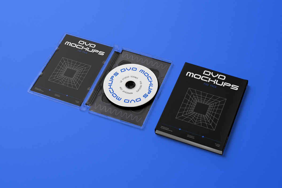 Viewed from above, DVD Mockups presents an open, transparent plastic package and a black paper box. Both of them have nice white typography and linear graphics lying on the blue background.