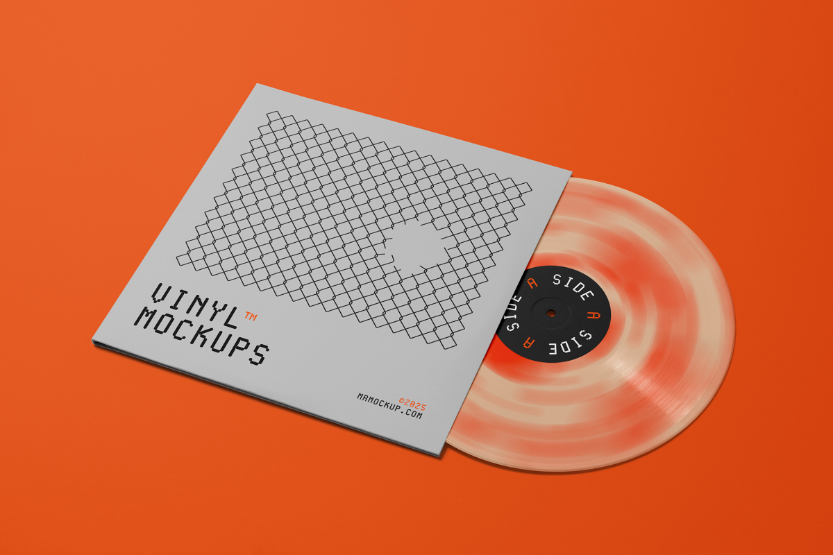 Viewed from above, Vinyl Mockups presents a square music album cover in a gray color with a metal fence graphic and an ejected vinyl disc with pressed graphics in two colors lying on an orange background.