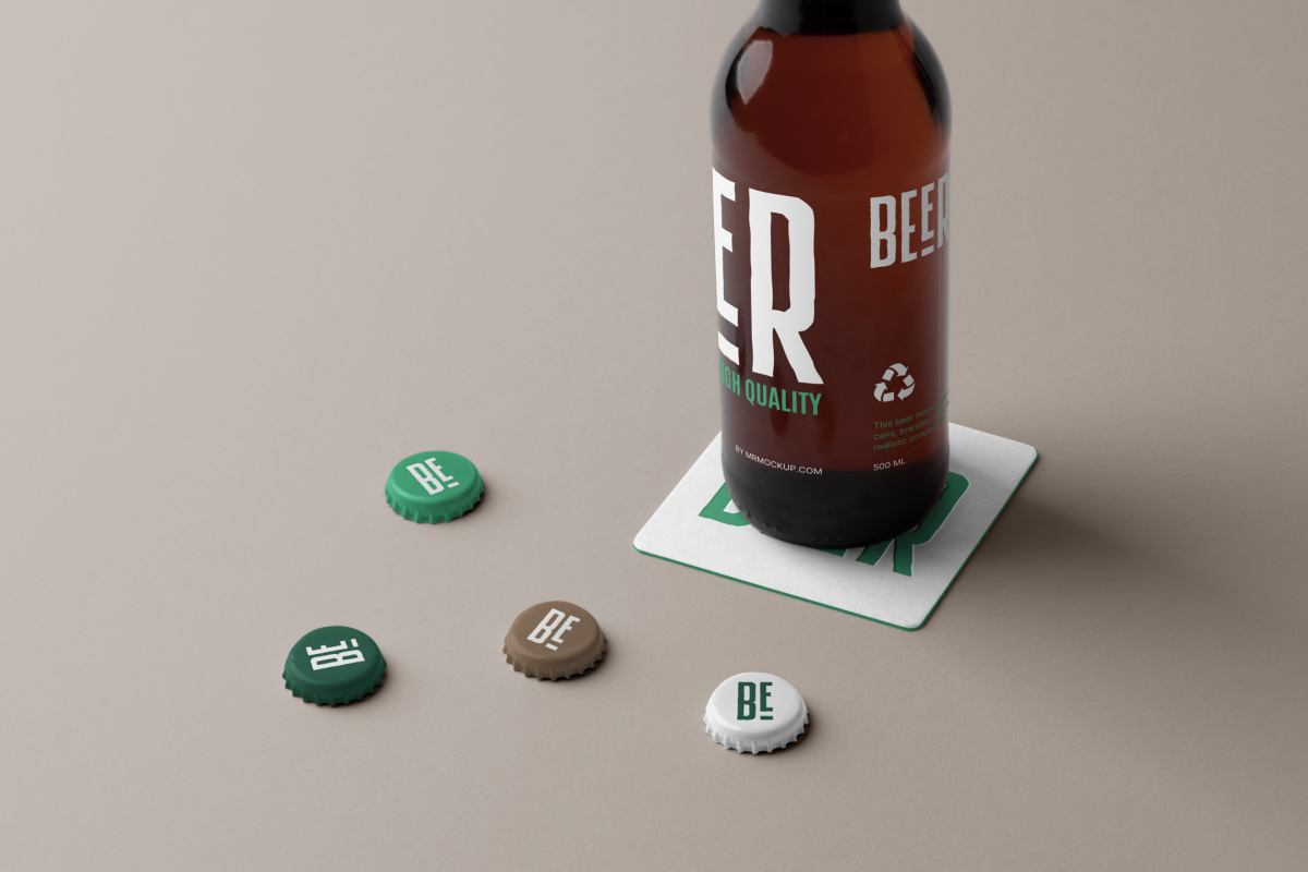 Front view, standing on a white beer pad, beer bottle mockup with white and green typography design, four beer crown cup mockups with white logo design lying on the beige floor.