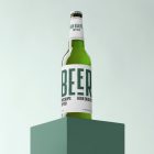 Front view, beer bottle mockups with white label and black and dark green design standing on the green box.