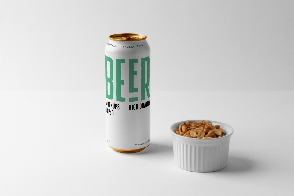 Front view standing white beer can mockup with a black and green typography design and a white peanut container standing on the white background floor.