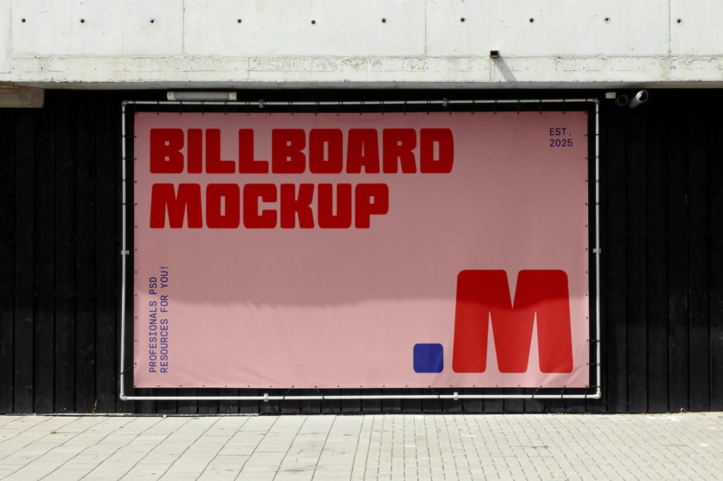 Front view, pink color billboard mockup with strong red and blue typography design hanging on the building elevation.
