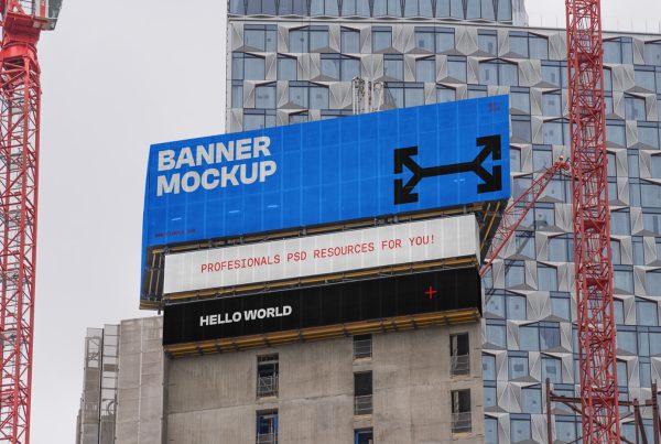 Front view, three banner mockups with strong white, red, and black typography designs hanging on the top of the building.