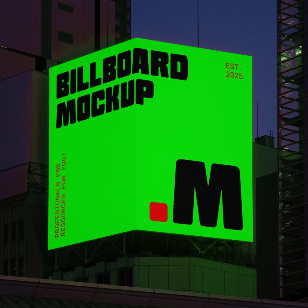 Front view at night, rgb green billboard mockup with strong red and black typography design hanging on the building elevation.