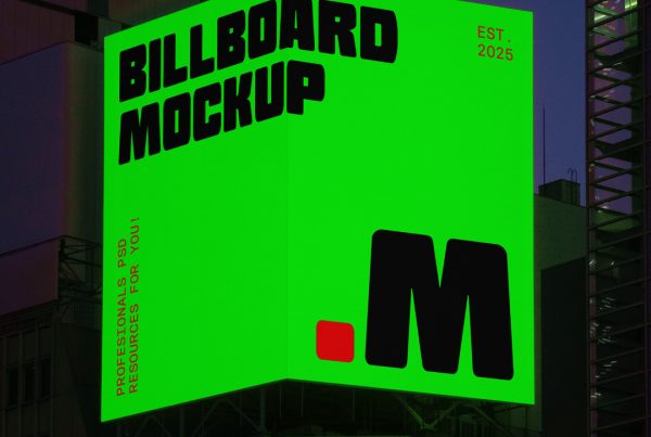 Front view at night, rgb green billboard mockup with strong red and black typography design hanging on the building elevation.