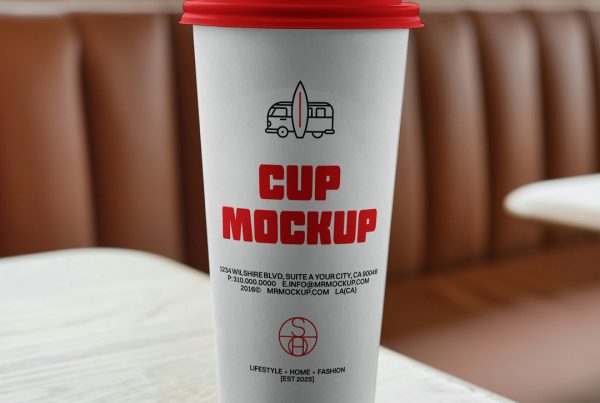 Front view, a white coffee cup mockup with a strong typography design standing on the wooden table.
