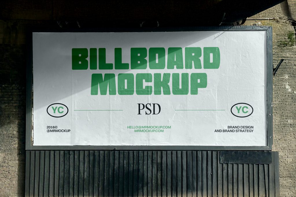 Front view, green billboard mockup with strong black and green typography design hanging on the wall.