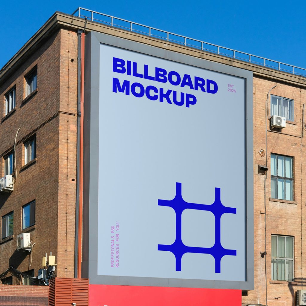 Front view, vertical blue billboard mocku with strong pink and navy typography design attached on the building facade.