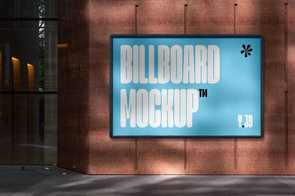 Front view, baby blue billboard mockup with strong white and black typography design hanging on the wall.