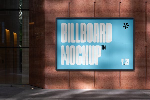 Front view, baby blue billboard mockup with strong white and black typography design hanging on the wall.