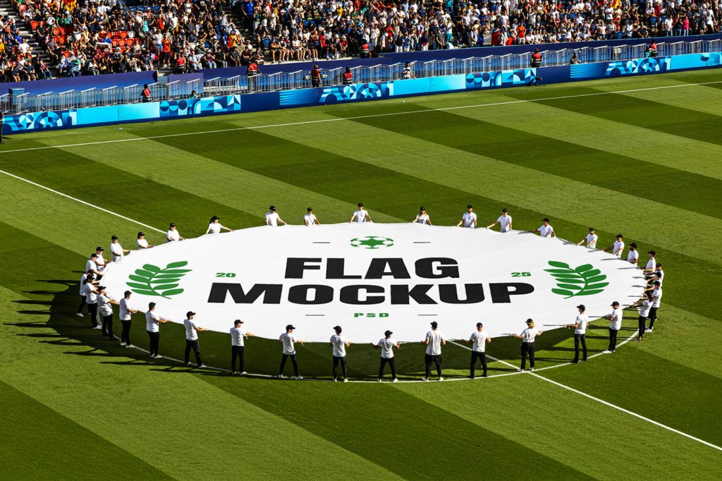 View from above, circle stadium flag mockup with strong typography design in black and green color held by people in the football stadium.