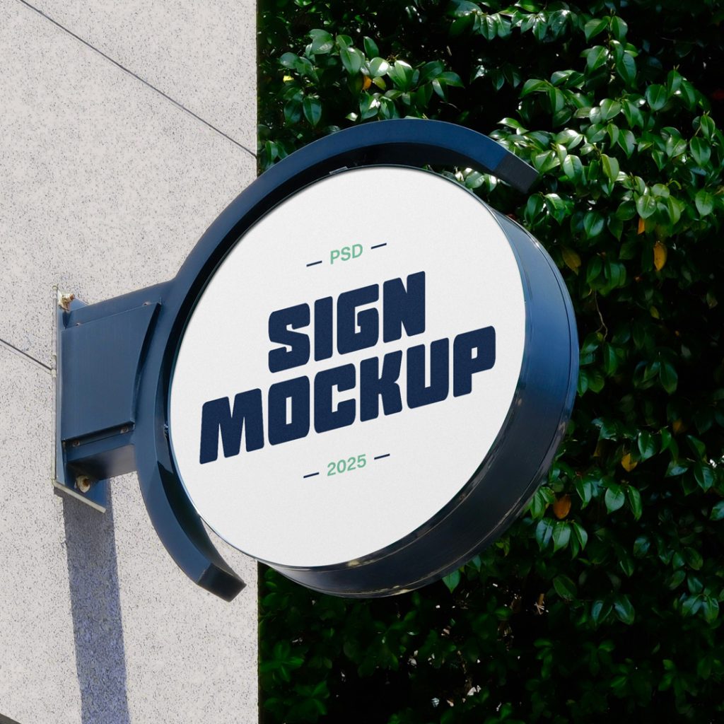 Front view, circle signage mockup in navy color, strong design attached to building.