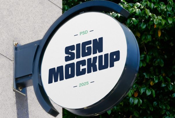 Front view, circle signage mockup in navy color, strong design attached to building.