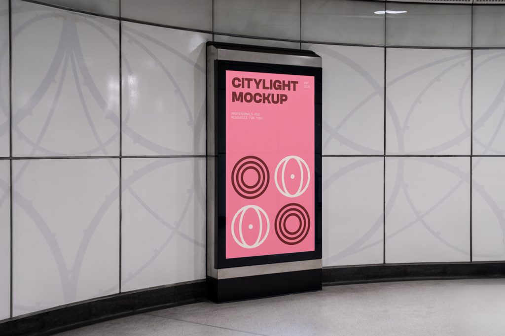 Front view, vertical citylight mockup with a red and pink design attached to the wall.