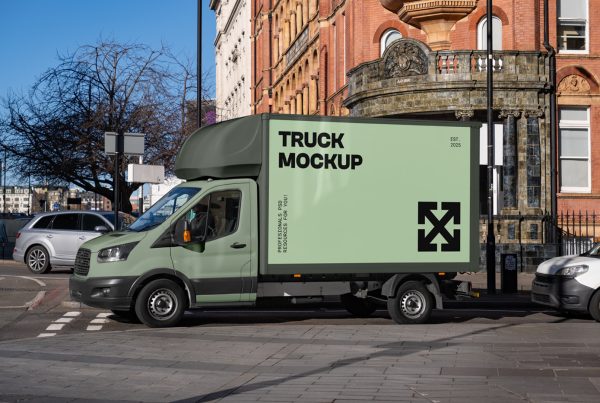 Front view, green truck mockup with a strong black typography design stands on the road near the old brick building.