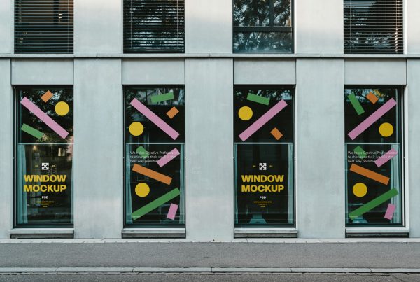 Front view, four window mockups with colorful typography design and simple shapes.
