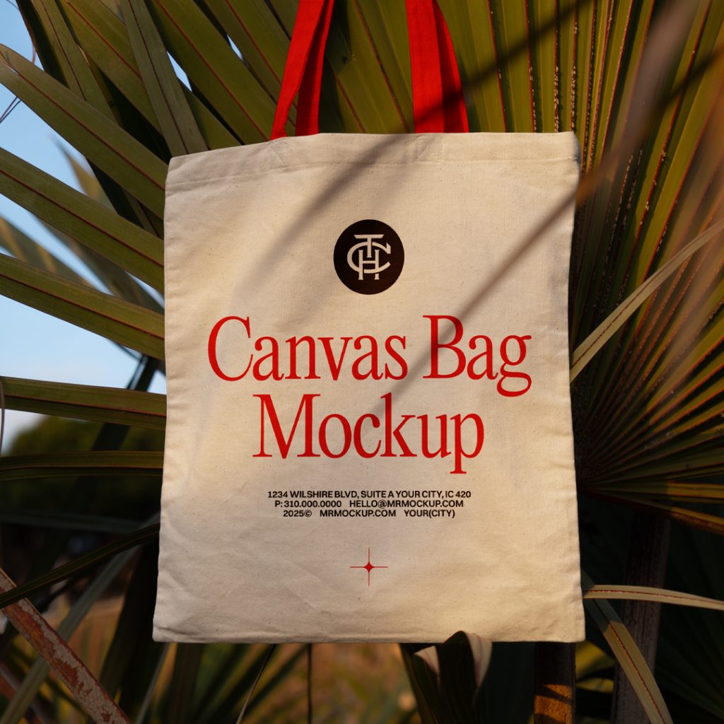 Front view, canvas bag mockup in crème color with a red handle and red and black typography design hanging on the tropical plants.