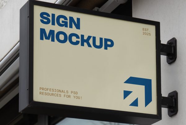 Front view, sign mockup with black frame and nice strong navy and yellow typography design attached to the facade.