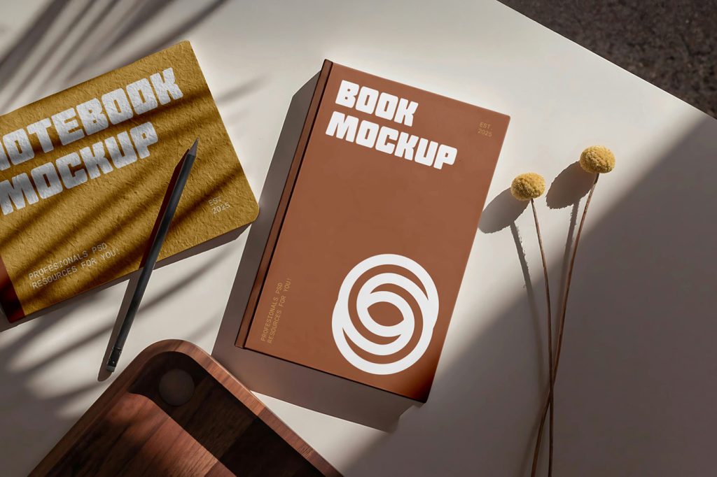 View from above, hardcover book mockup with strong typography design in white and yellow color lying on the white table.