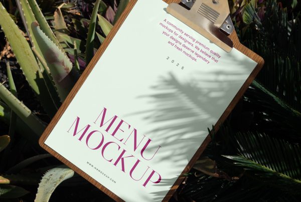 Front view, a menu mockup with green and purple typography design lying between tropical plants.