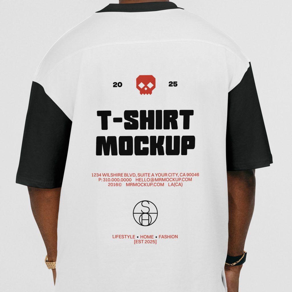 Men standing backwards wearing t-shirt mockups with red and black typography logo designs in front of the white wall.