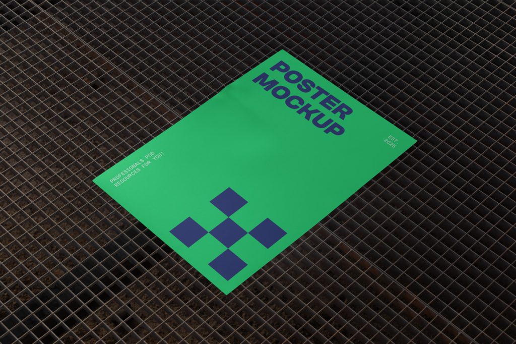 View from above, a green poster mockup with strong, simple typography design in navy and white colors lying on the metal grid.