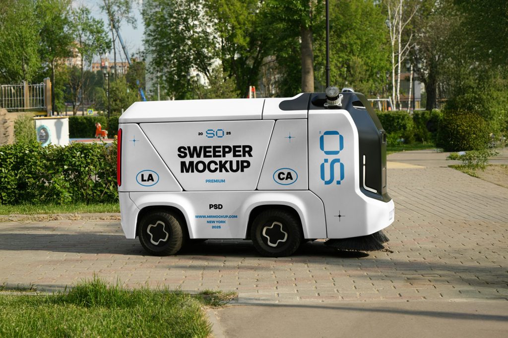 Front view, a white mini sweeper mockup with strong typography design in black and blue colors working on the sidewalk.