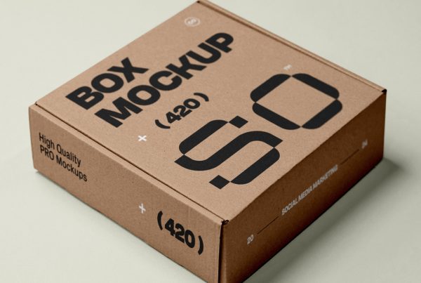View from above of a craft box mockup with a white and black strong typography design lying on the pastel green background.