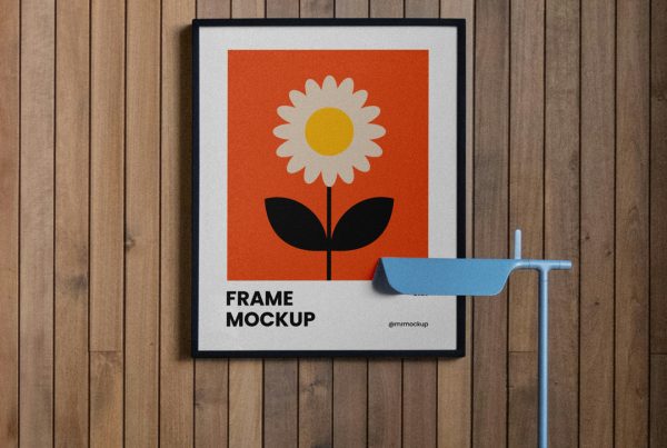 Front view, a white poster mockup with a black frame and cool illustration design hanging on the wainscoting.