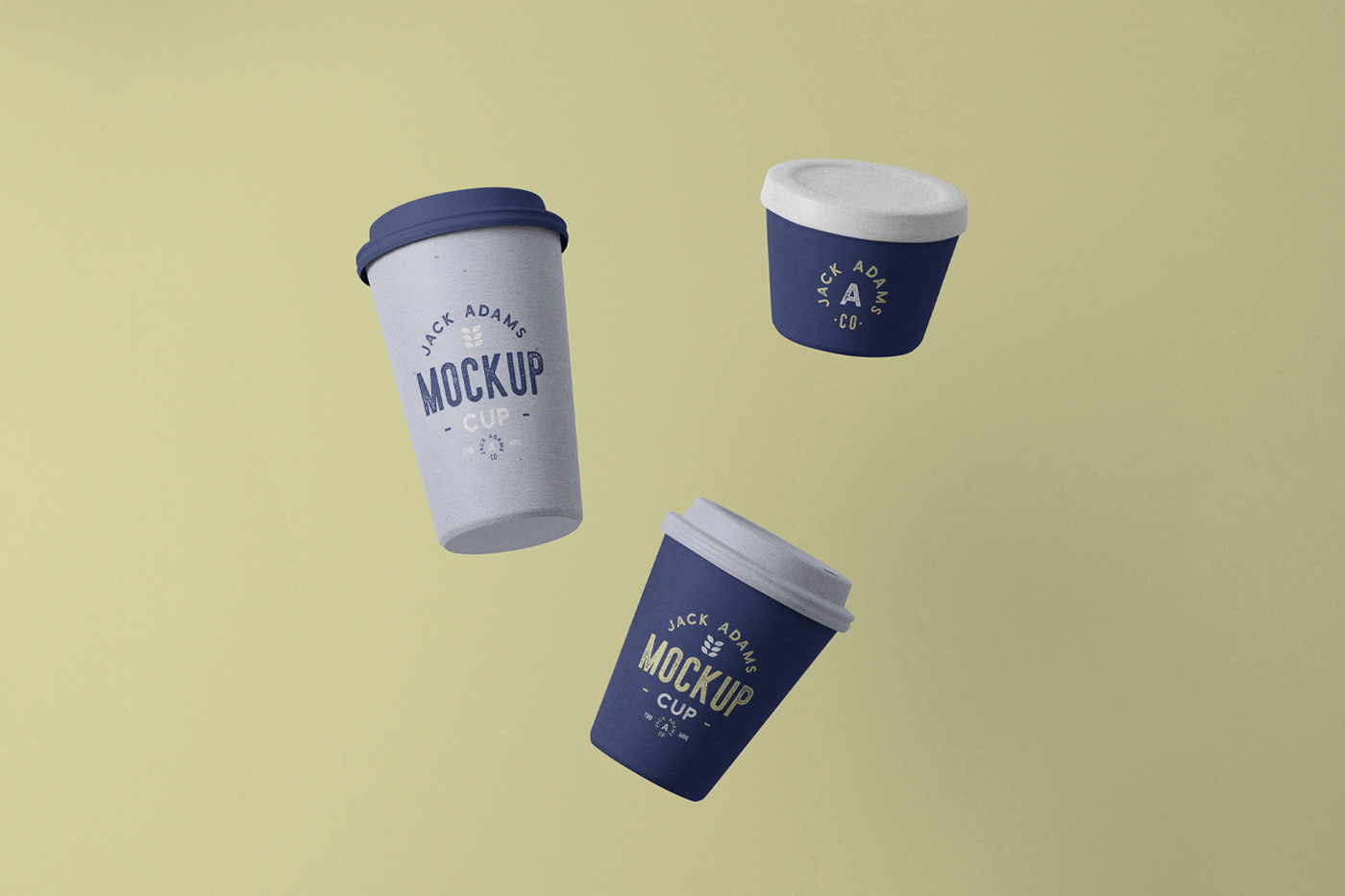Levitating paper coffee cup mockup in three blue tints with a vintage typography design composition on the beige background.