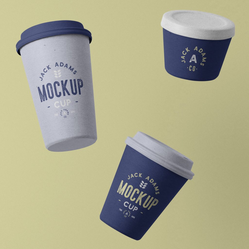 Levitating paper coffee cup mockup in three blue tints with a vintage typography design composition on the beige background.