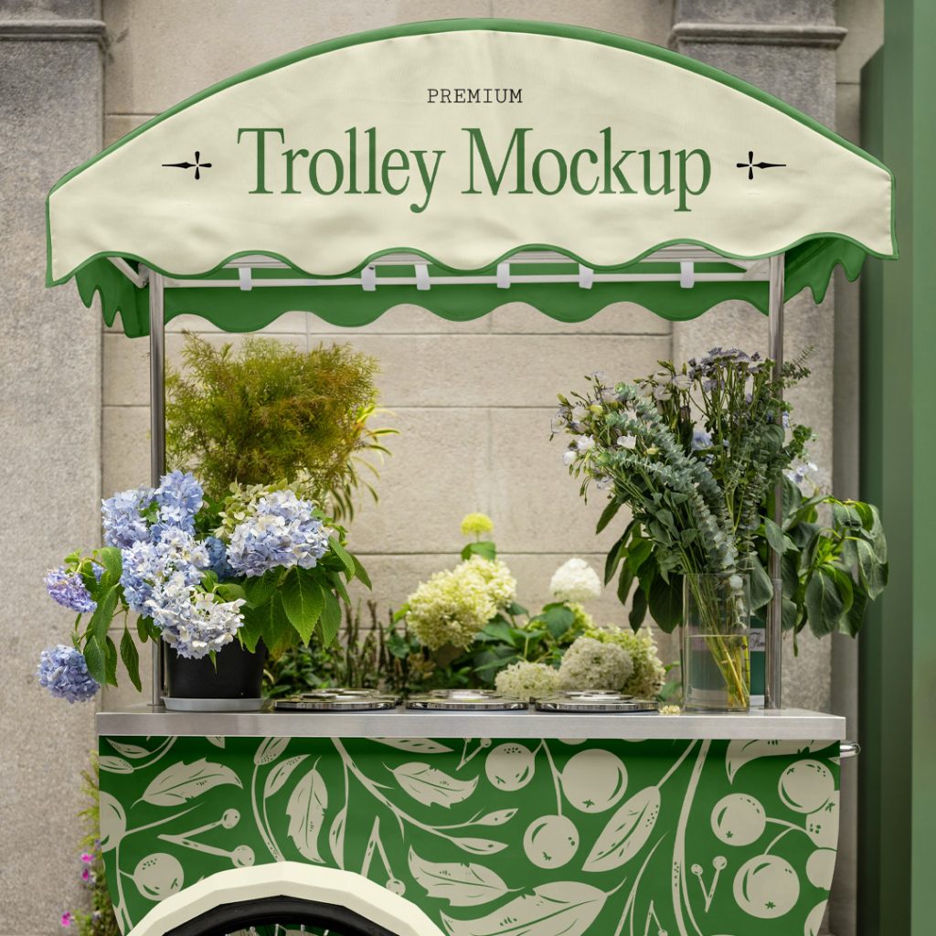 Front view, trolley mockup in beige and green with a serif typography design and flower pattern standing in front of the concrete wall.