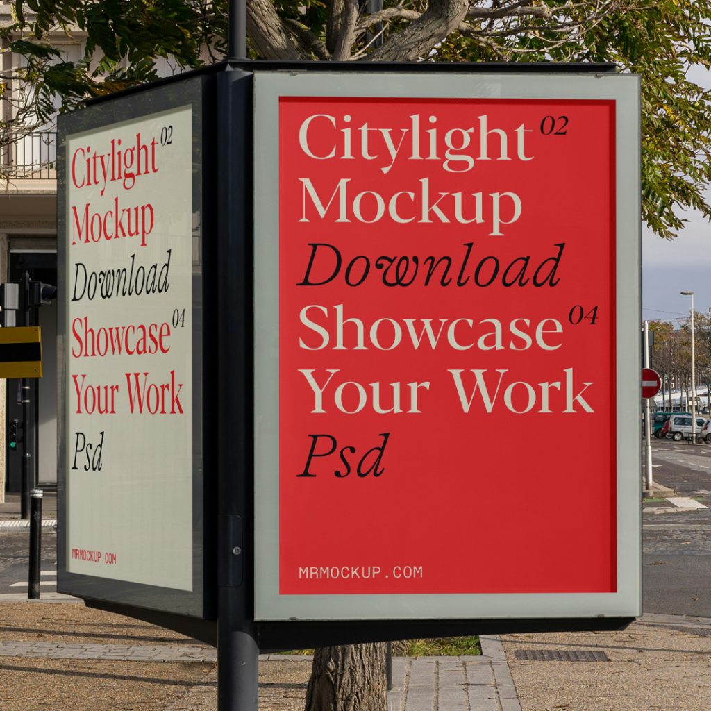 Front view, two citylight mockups with a red and beige design with a city view in the background.