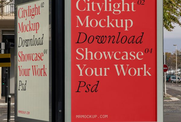 Front view, two citylight mockups with a red and beige design with a city view in the background.
