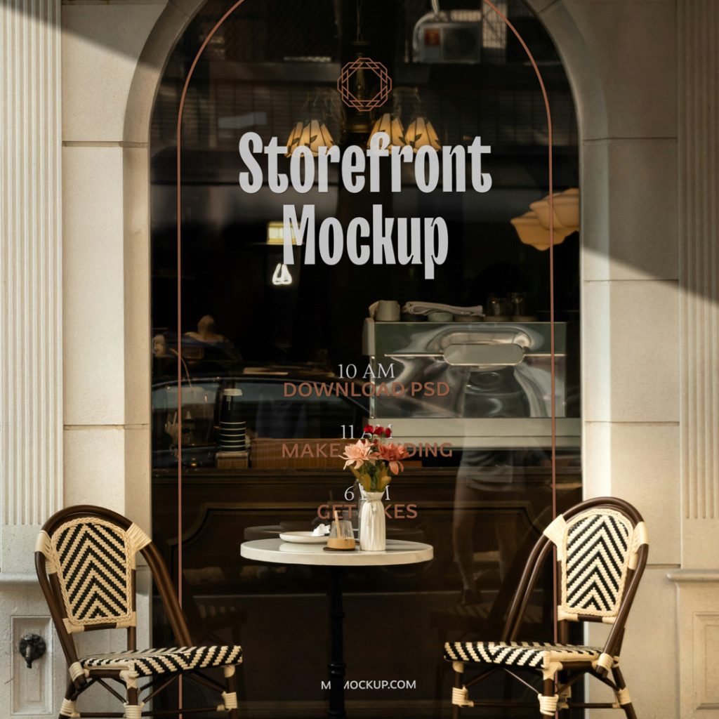 Front view of a modern window storefront mockup with simple graphics and white custom typography.