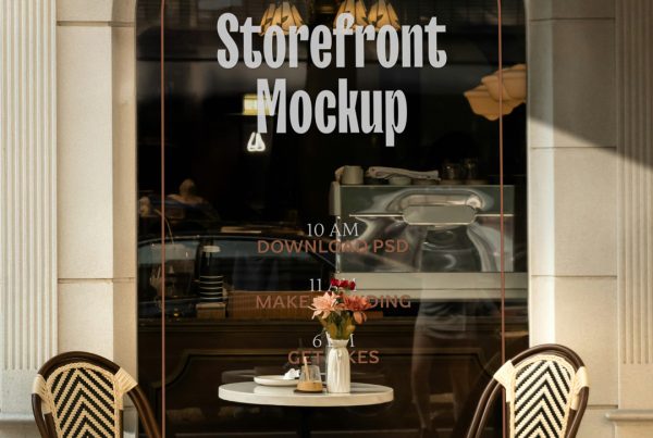 Front view of a modern window storefront mockup with simple graphics and white custom typography.