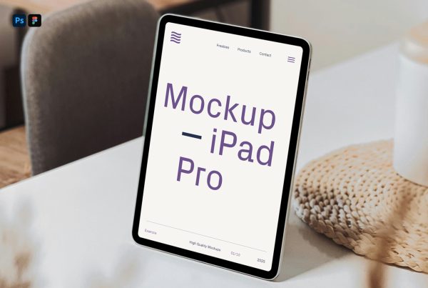 Front view, iPad Mockup with black and purple typography design standing on the table in the living room.