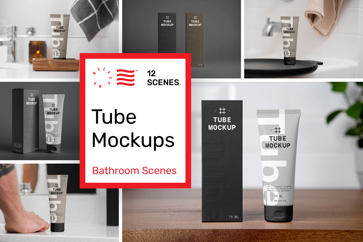 Product cover image from Cosmetic Tube Mockups showing six scenes from the product.