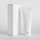 In the front view, a white vertical Box Mockup and a white Cosmetic Tube Mockup stand next to each other on the white background.
